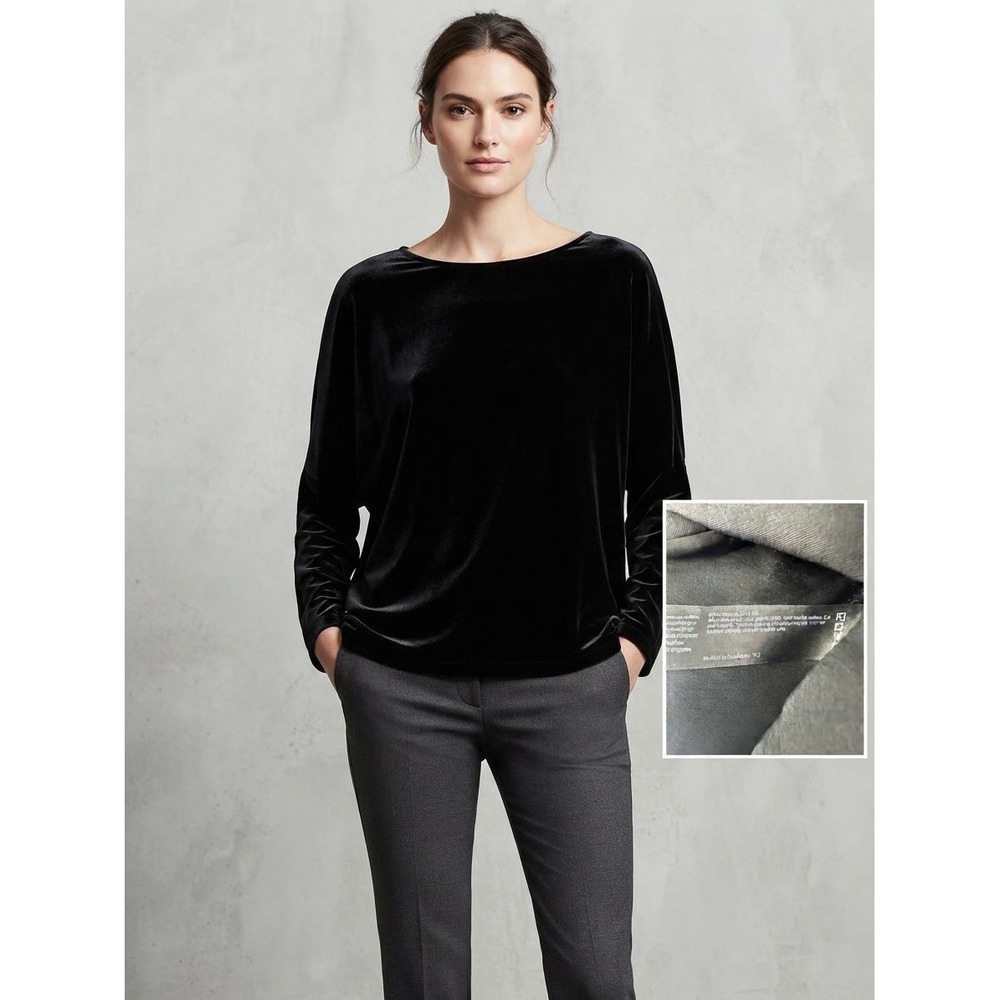 Eileen Fisher Black Silk Blend Velvet V-Neck Boxy Top Womens XL Long Sleeve